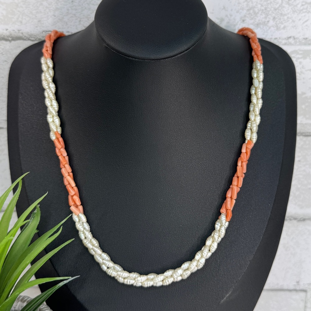 SOLD Vintage Pink Angel Skin Coral Faux Rice Pearl Twisted Necklace